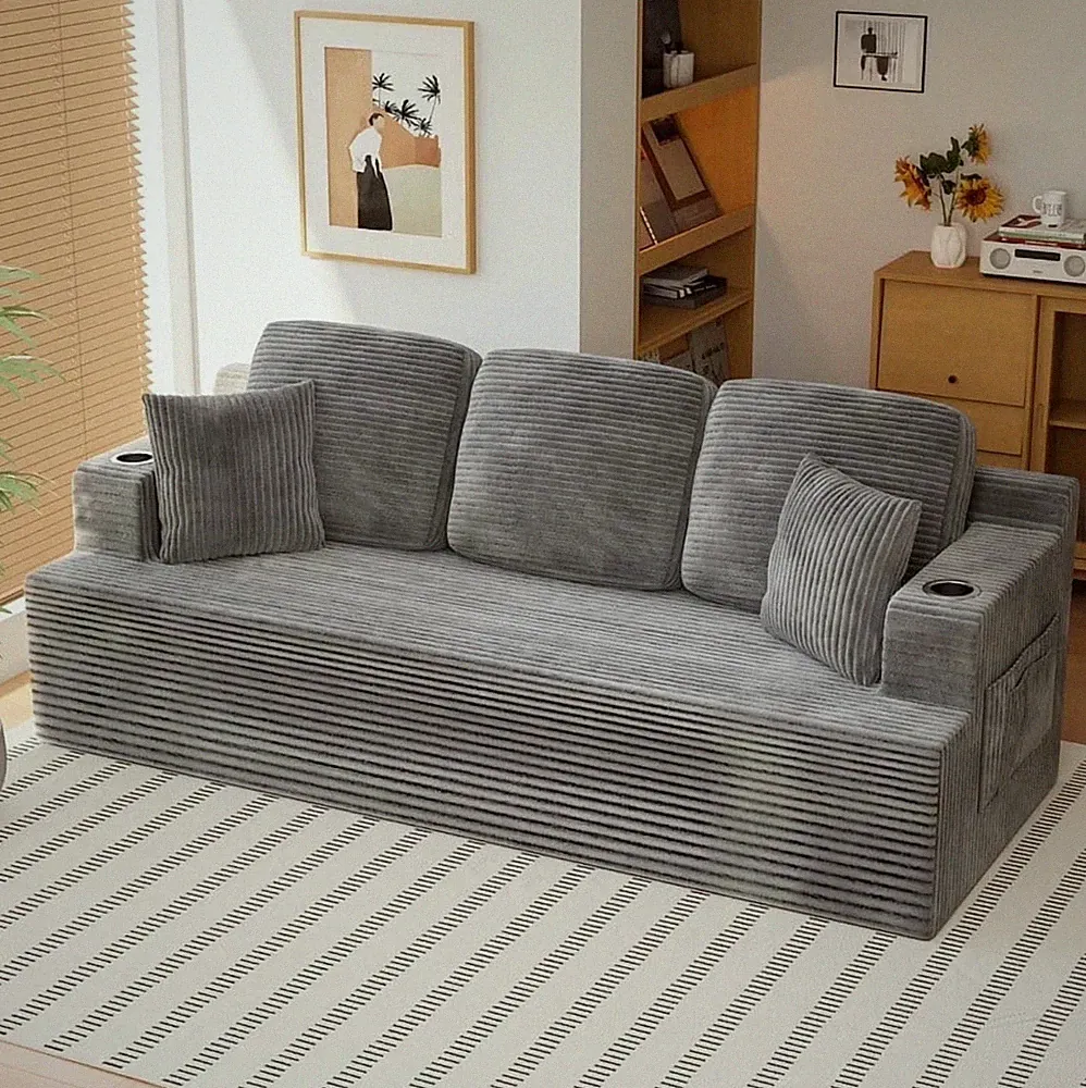 Long Round White Fluffy Couch with Recliners