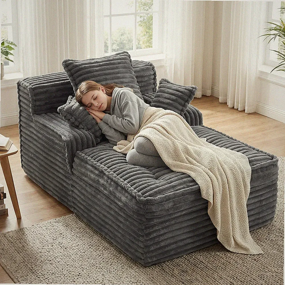 57'' Boneless Chaise Lounge Chair Indoor, Corduroy Small Boneless Sleeper Sof...