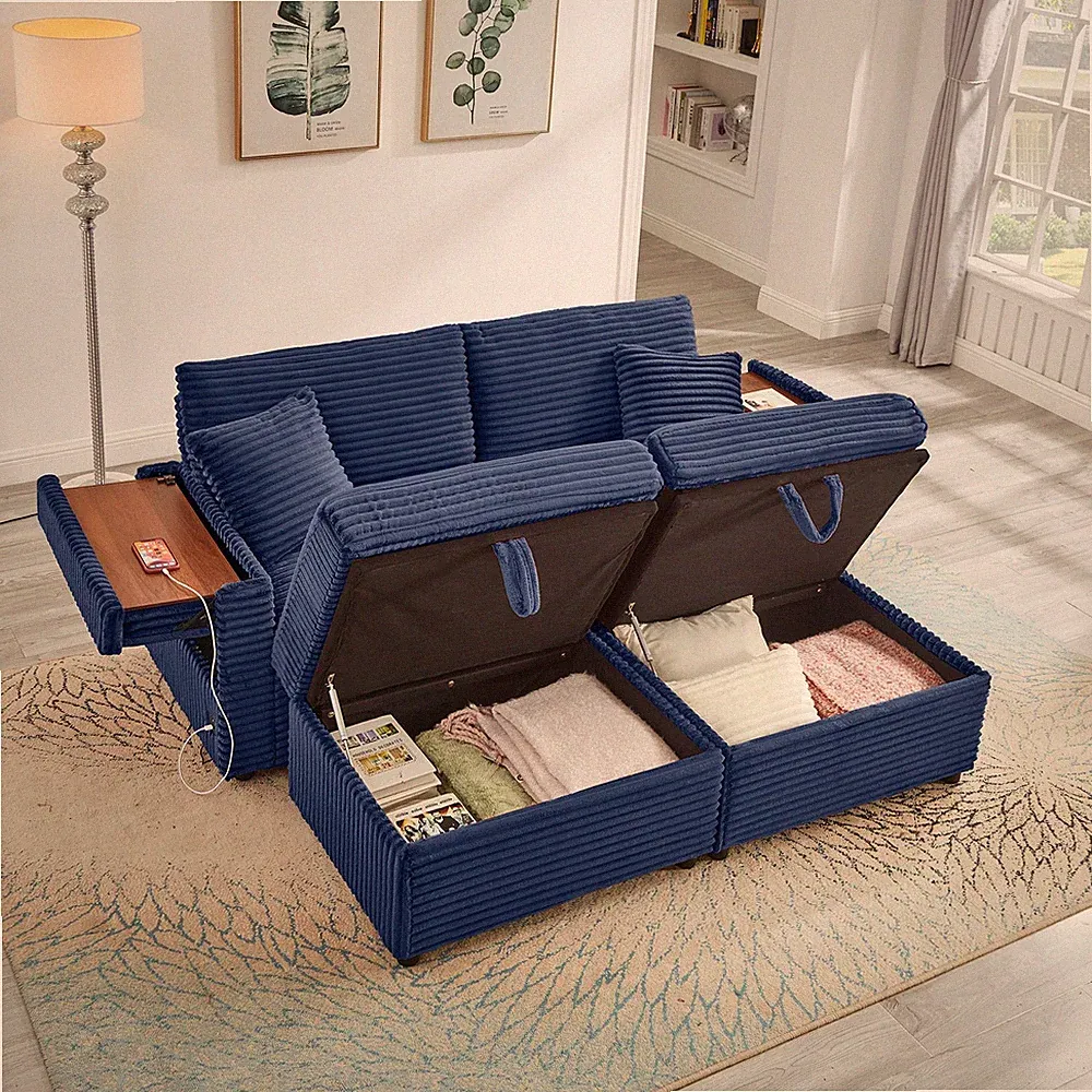 Comfortable Fluffy Corduroy Lazy Sofa, Storage Space for Big Loveseat, Super