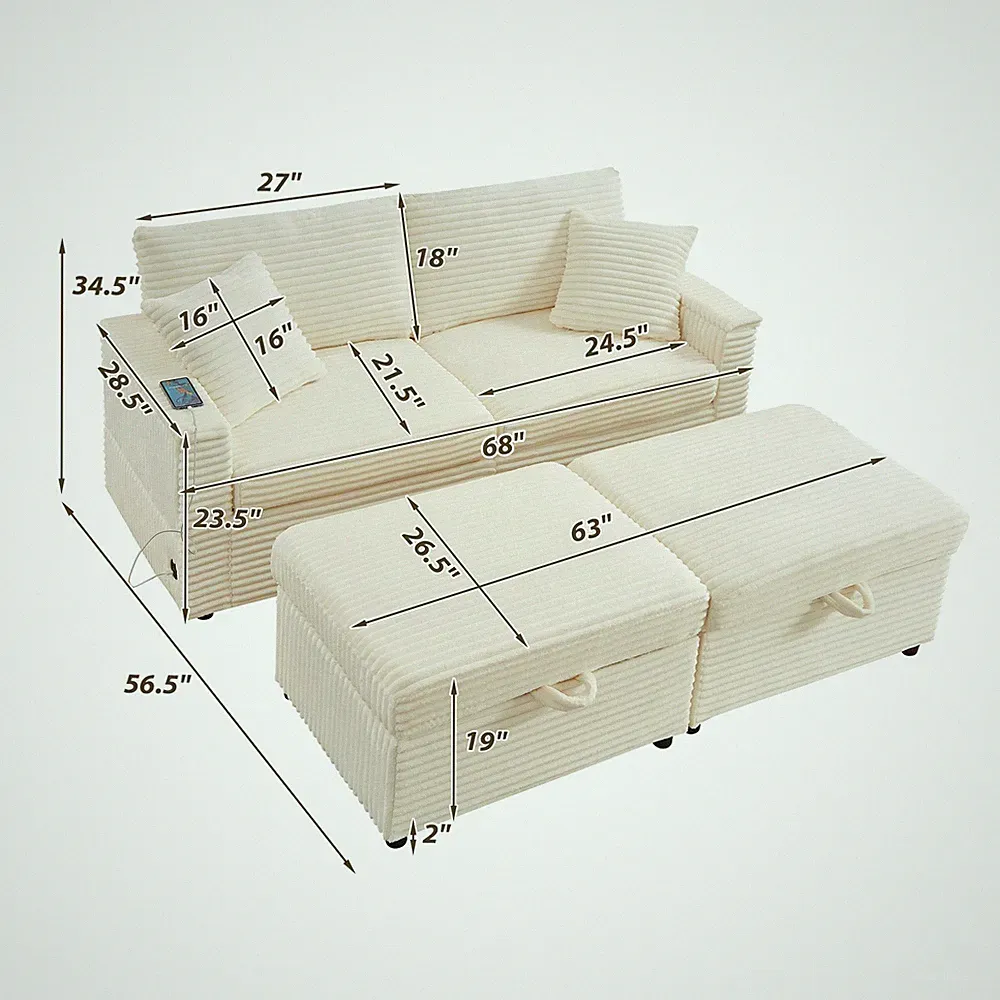 Comfortable Fluffy Corduroy Lazy Sofa, Storage Space for Big Loveseat, Super S