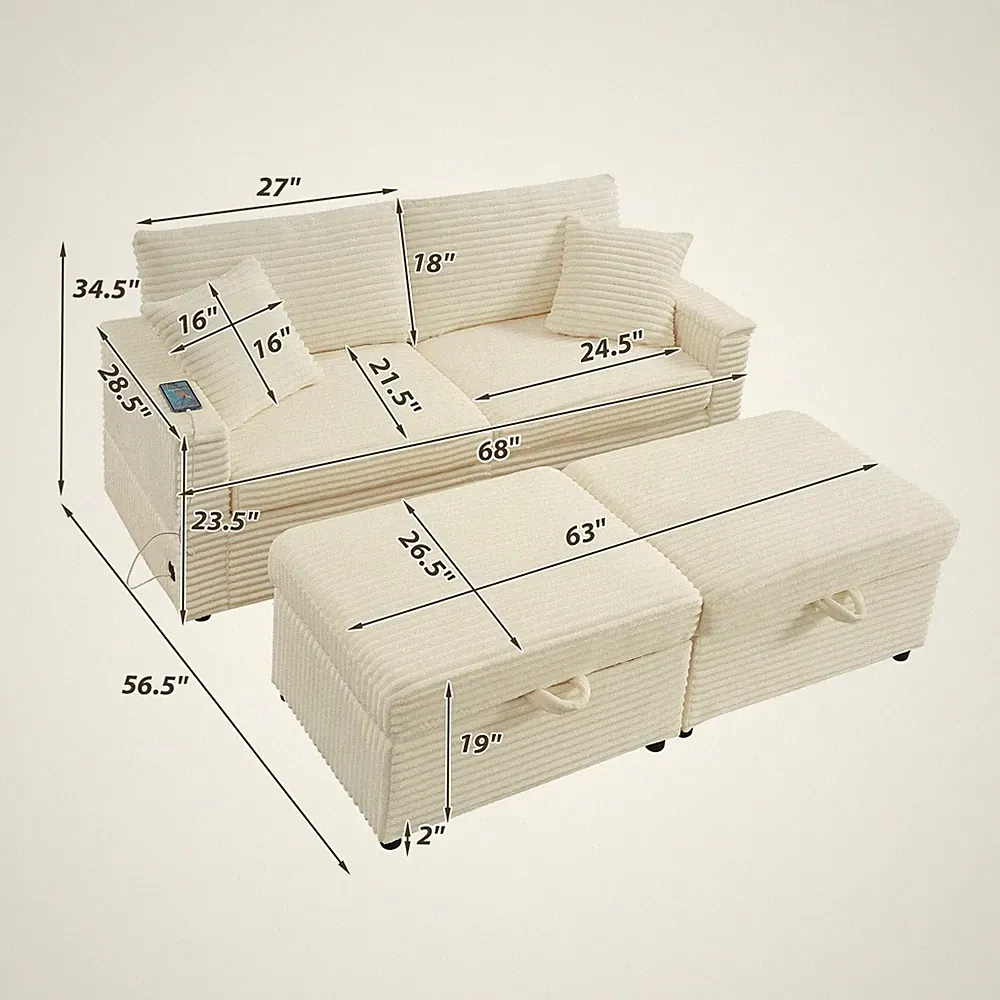 Comfortable Fluffy Corduroy Lazy Sofa, Storage Space for Big Loveseat, Super Sof
