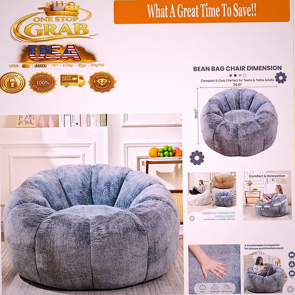 Fluffy Grey Bean Bag Chair for Teens & Adults, Compact Foam Floor Sofa