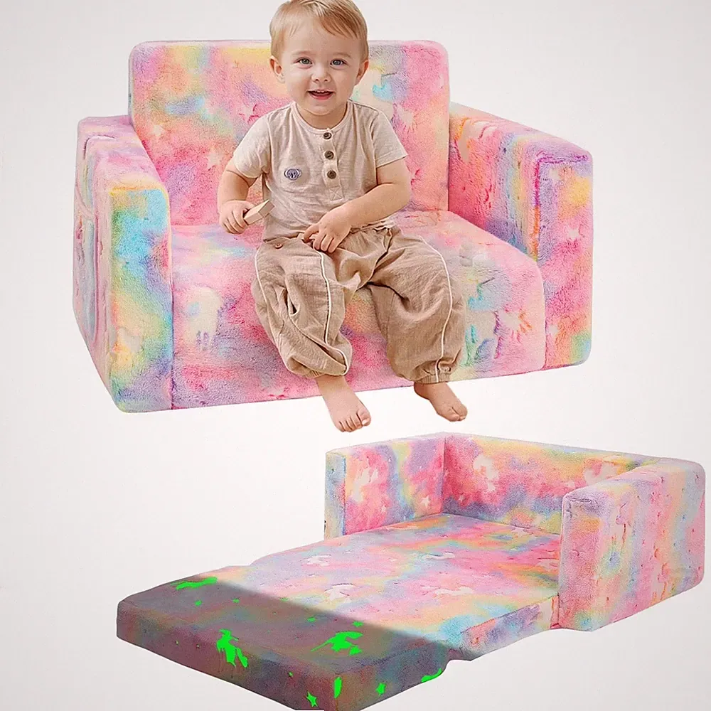 Glow-in-The-Dark Unicorn Toddler Pink Sofa, 2-in-1 Foldable Plush Chair for Kids