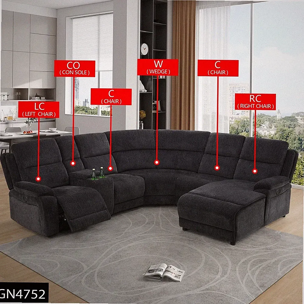 Gray & Black Chenille Fabric Living Room 6-Piece Recliner Functional Sofa Set