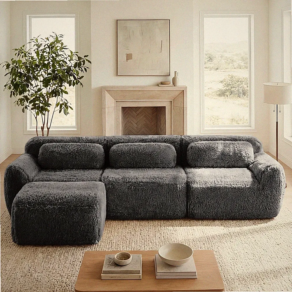 L-shaped Soft And Fluffy Plush Fabric,Boneless Sofa,With Throw Pillows 32D Hi