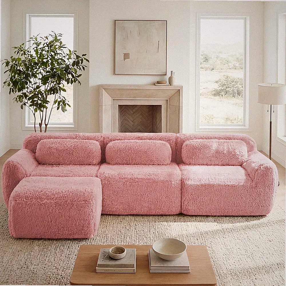 L-shaped Soft And Fluffy Plush Fabric,Boneless Sofa,With Throw Pillows 32D Hig