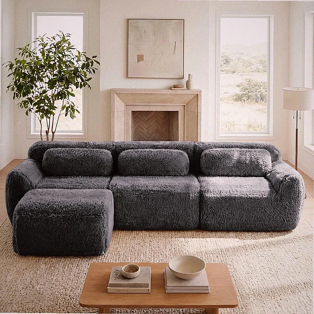 L-shaped Soft And Fluffy Plush Fabric,Boneless Sofa,With Throw Pillows 32D High