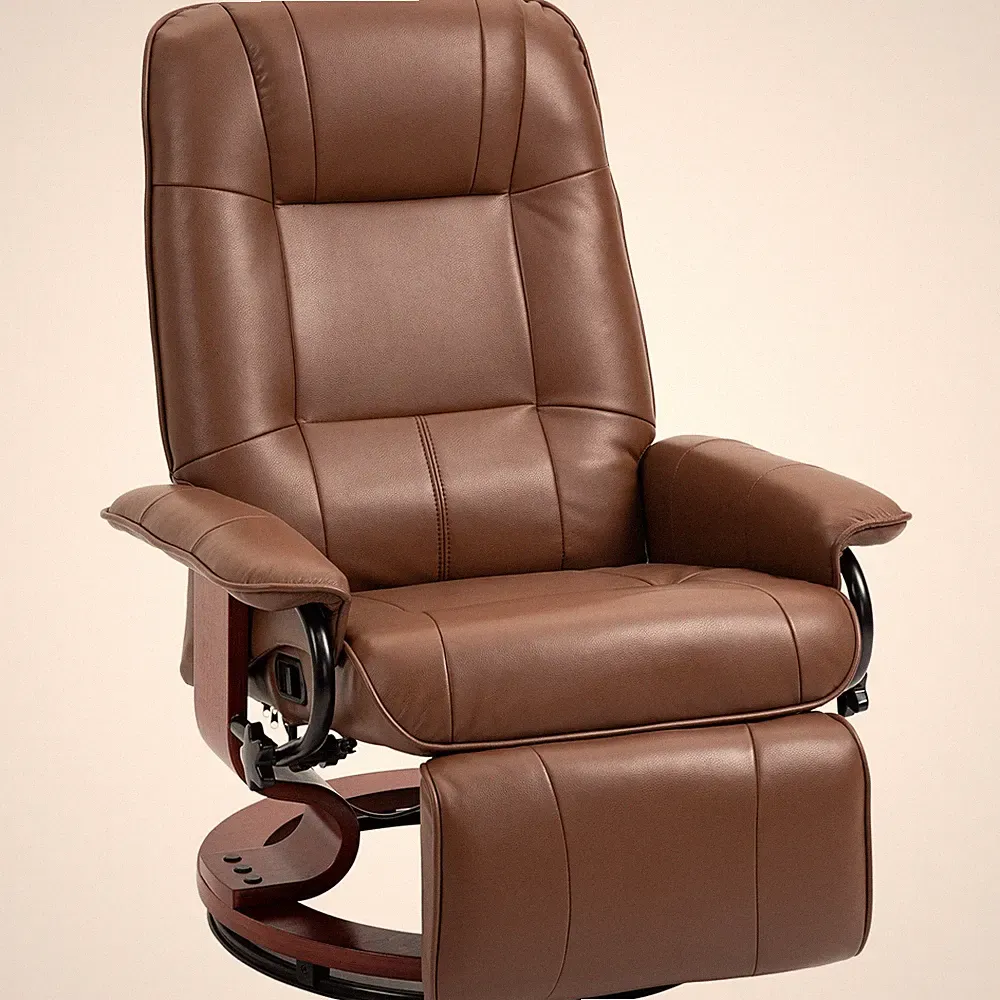 Manual Swivel Recliner Chair Faux Leather w/ Footrest Wood Base Brown