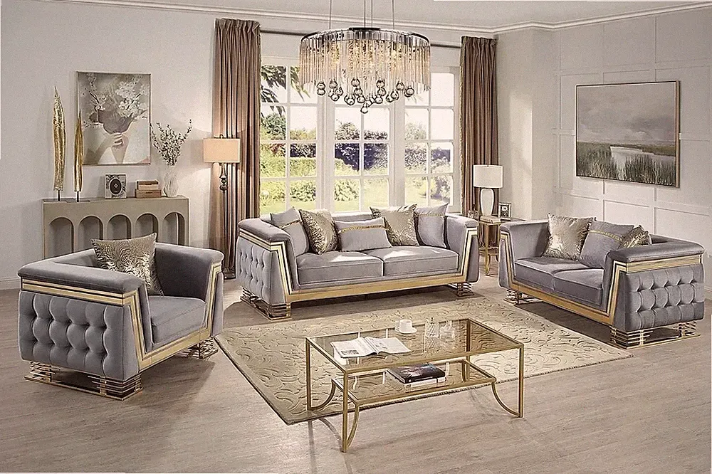 NEW Gray Gold 3PC Sofa Loveseat Chair Velvet Tufted Contemporary Living Room Set