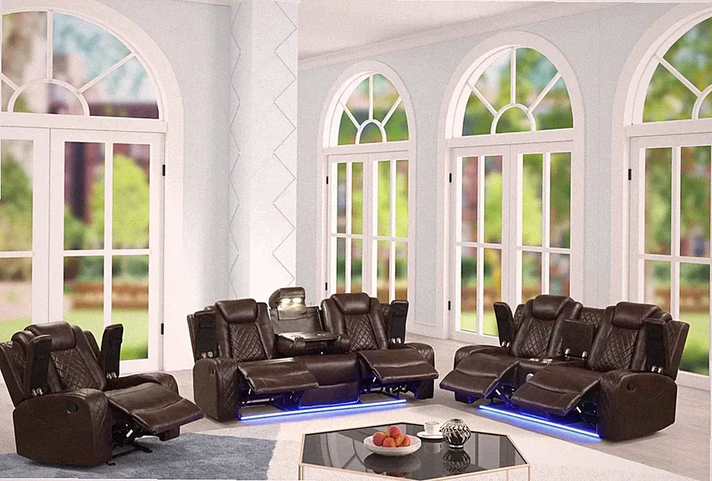 NEW LED 3PC Sofa 5-Recliner Set Bluetooth Speaker Brown Leather Gel Living Room