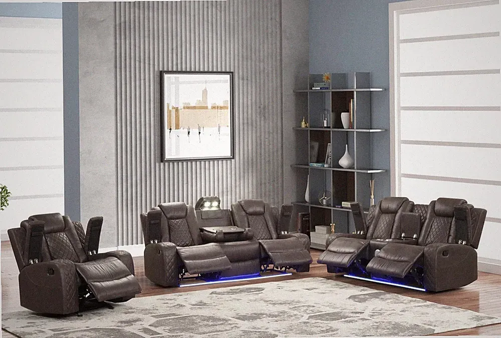 NEW LED 3PC Sofa 5-Recliner Set w/ Bluetooth Speaker Brown Fabric Living Room