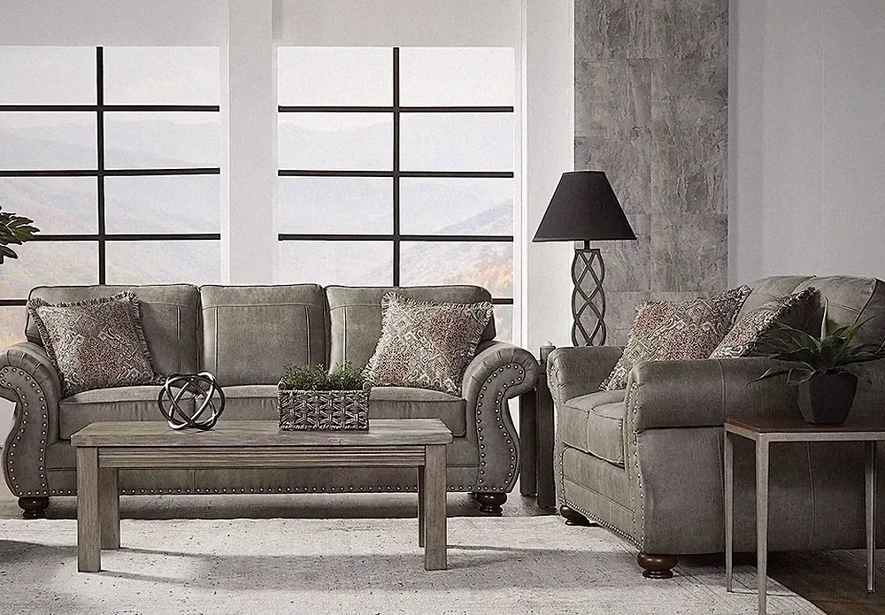 OVERSIZED 2PC Gray Performance Fabric Modern Living Room Sofa Loveseat Set