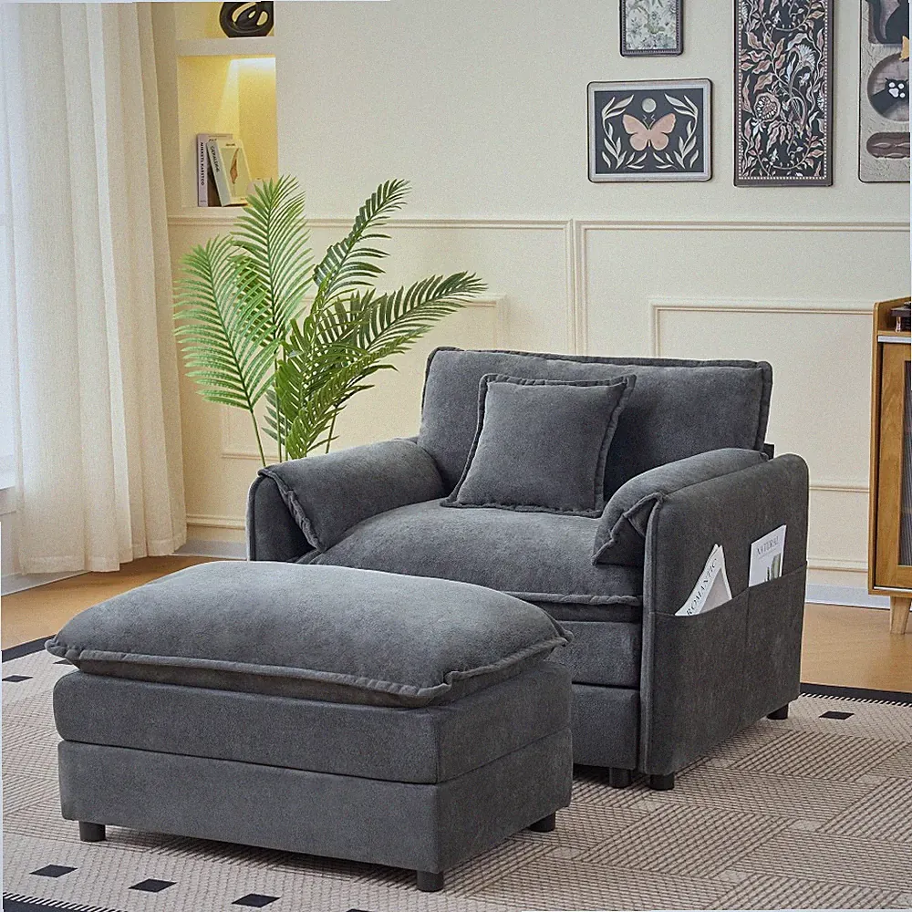 Oversized 57" Recliner Chair with Ottoman, Soft Chenille Upholstery, Grey