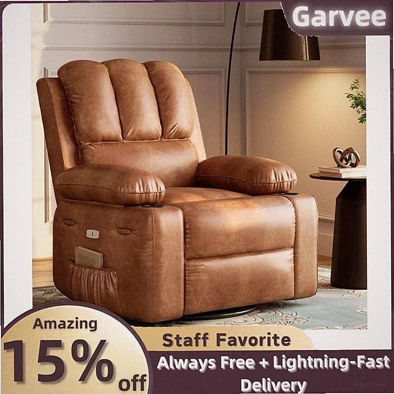 Oversized Leather Power Recliner Chair Swivel Massage Heat USB Pockets 22" Seat