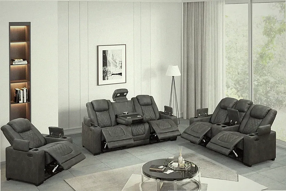 SALE LED Power Recliner 3PC Modern Dark Gray Sofa Living Room Set Reading Lights