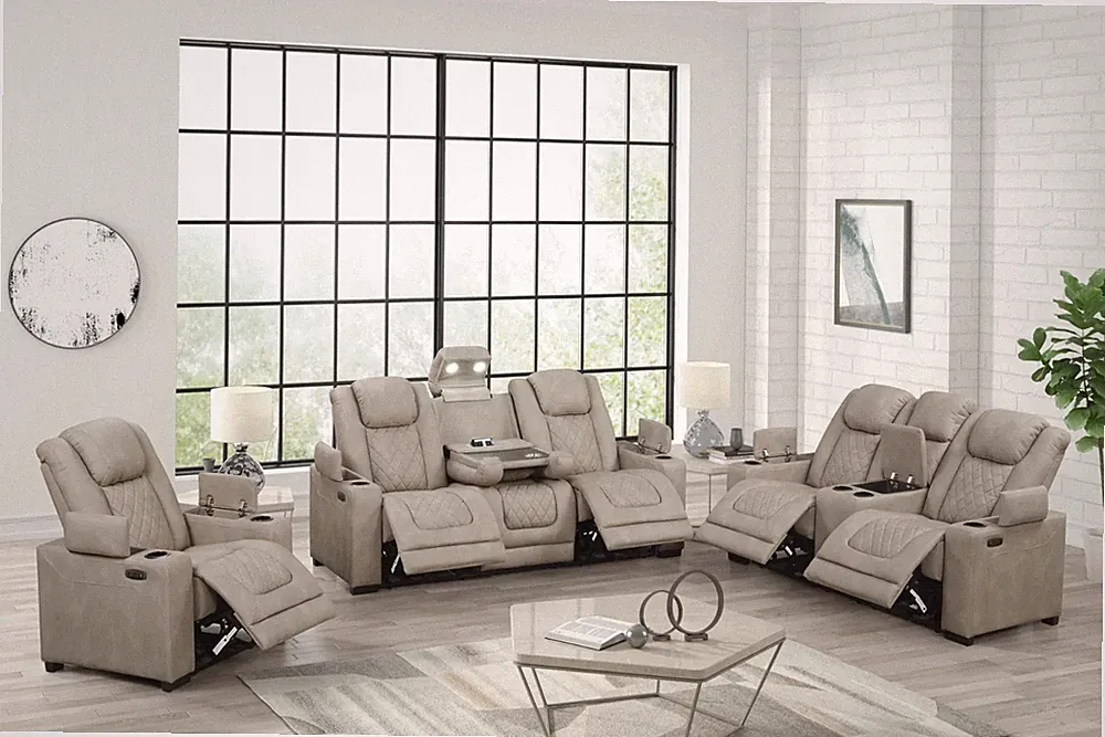 SALE LED Power Recliner 3PC Modern Gray Beige Sofa Living Room Set Reading Light