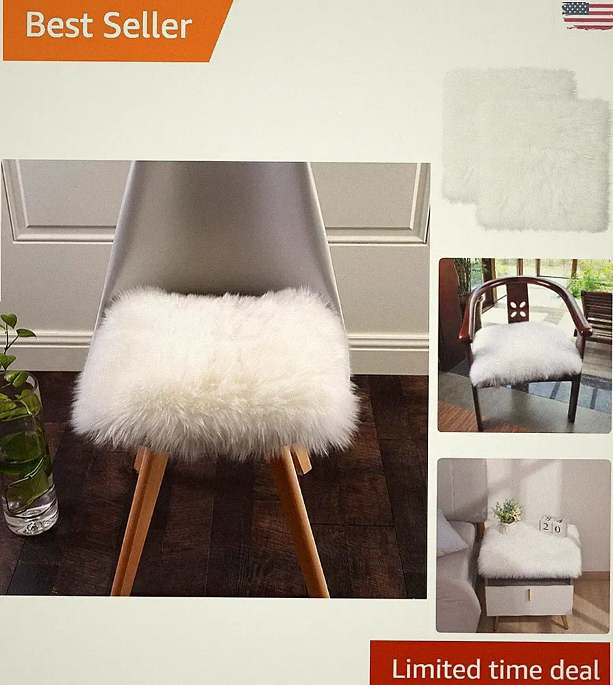 Stylish Faux Fur Square Chair Covers & Area Rugs - Machine Washable White Set