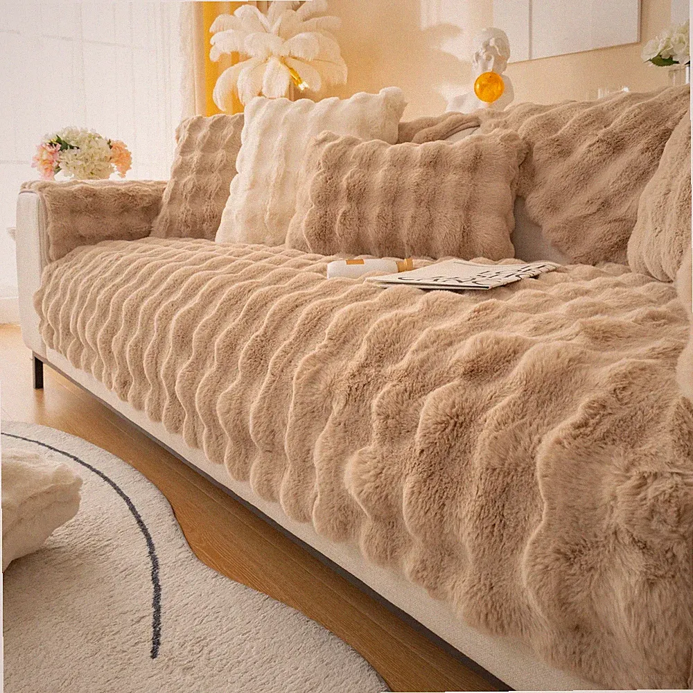 Thicken Imitation Rabbit Fur Plush Sofa Slipcover Non-slip Soft Sofa Towel Couch